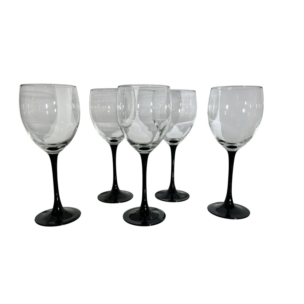 Vintage Luminarc Black Stem Domino Wine Glasses France- Set of 5 - 8" - 8 Oz
